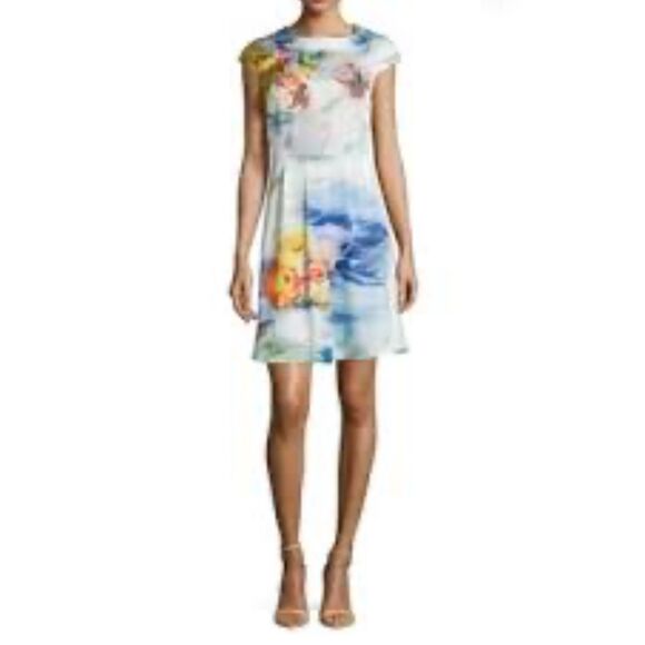 NWT Carmen Marc Valvo Print Floral Cap Sleeve A-Line Cocktail Dress Women's 6 - Picture 1 of 6